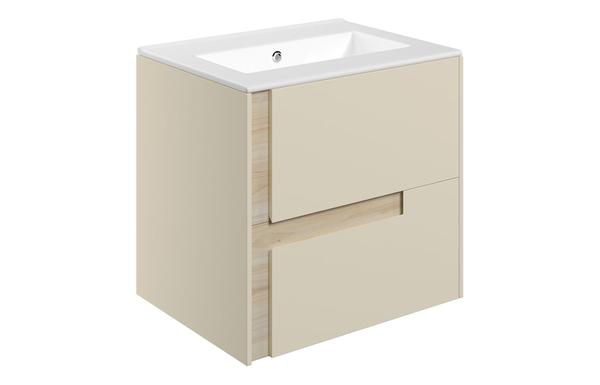 Contra 615mm Wall Hung 2 Drawer Basin Unit & 0TH White Thin Edge Basin - Matt Cotton & Oak Effect