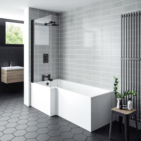 Nero L Shaped Shower Bath Shower Screen - Black - 1400 x 780