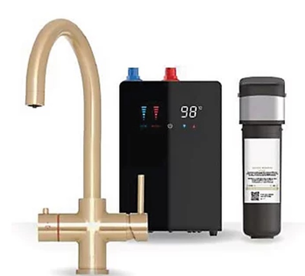 Kartell Brewmaster Brushed Gold 4-1 swan tap with digital tank