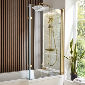 Kartell L Shaped Shower Bath Screen 1400 mm x 820 mm Brass