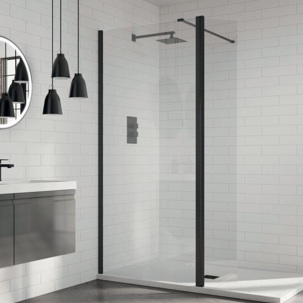 Aquadart Wetroom 8 1400mm 8mm Glass Shower Panel Black with 300mm Flipper Panel
