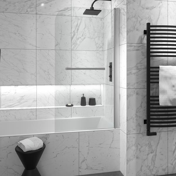 Aqualux AQUA 5 Radius Bath Screen with towel rail  800mm x 1500mm x 5mm, Silver Frame