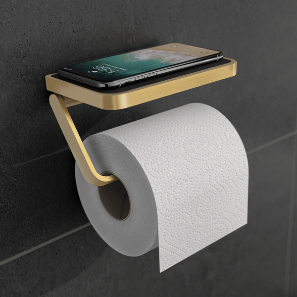 HIB Atto (Brushed Brass) Toilet Roll Holder with Shelf & Anti-Slip Mat