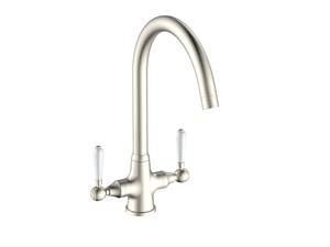 Reginox - Elbe Brushed Nickel Swan Neck Tap with White Levers