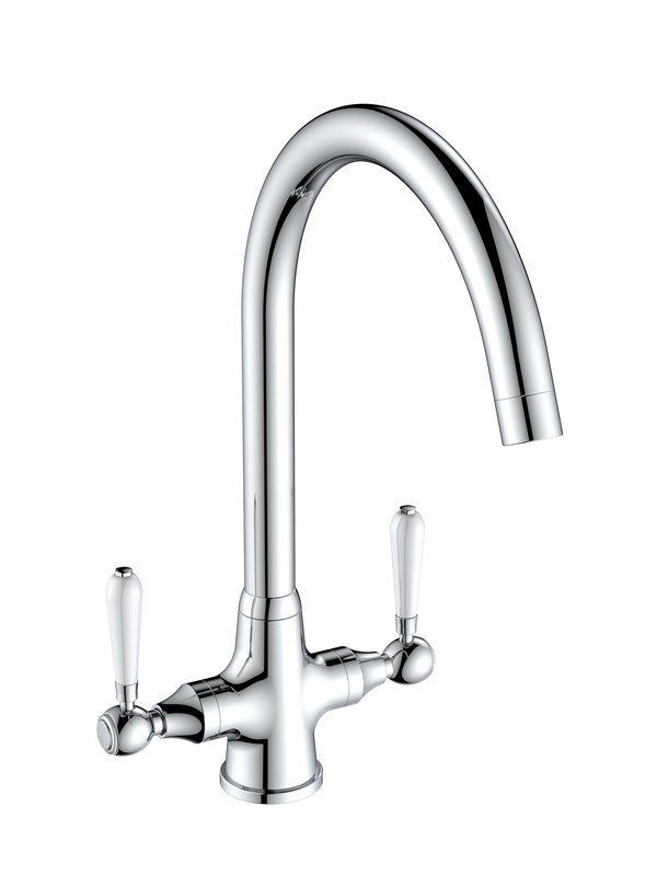 Reginox - Elbe Chrome Swan Neck Tap with White Bell Levers