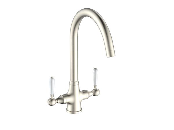 Reginox - Elbe Brushed Nickel Swan Neck Tap with White Levers